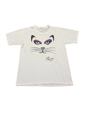 Vintage 1990s Cat Face Graphic Single Stitch T-Shirt White Cotton Made in USA